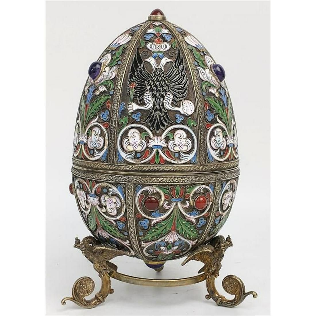 Russian Enameled & Jeweled Large Silver Egg. (1 of 6)