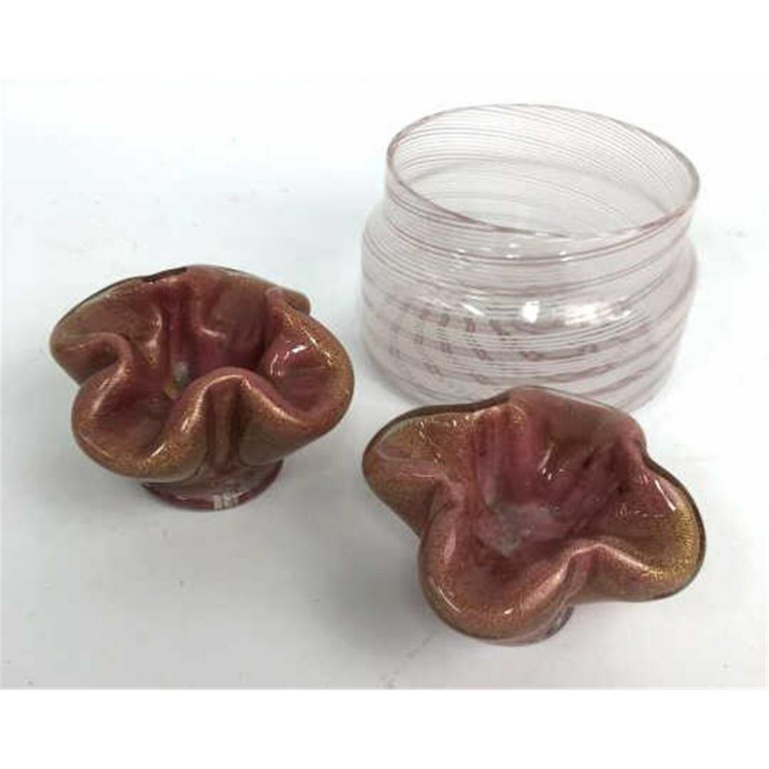 Vintage Barovier & Toso Murano Glass items: Vintage Barovier & Toso Murano Glass Bowl & 2 Candle Holders. All Signed. Condition: Generally Good.Dimensions: Bowl- Dia-4.5" x H-2.75". Provenance: From a Long Island, NY Home.Please note the absenc