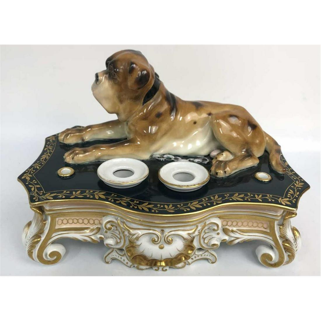Meissen German Porcelain Dog Inkwell, Signed: Meissen German Porcelain Dog Inkwell. Signed & Described on the Bottom. Condition: Generally Very Good Condition. One small corner is re-attached. Dimensions: H-7", W-6", L-10.5". Provenance: From a N
