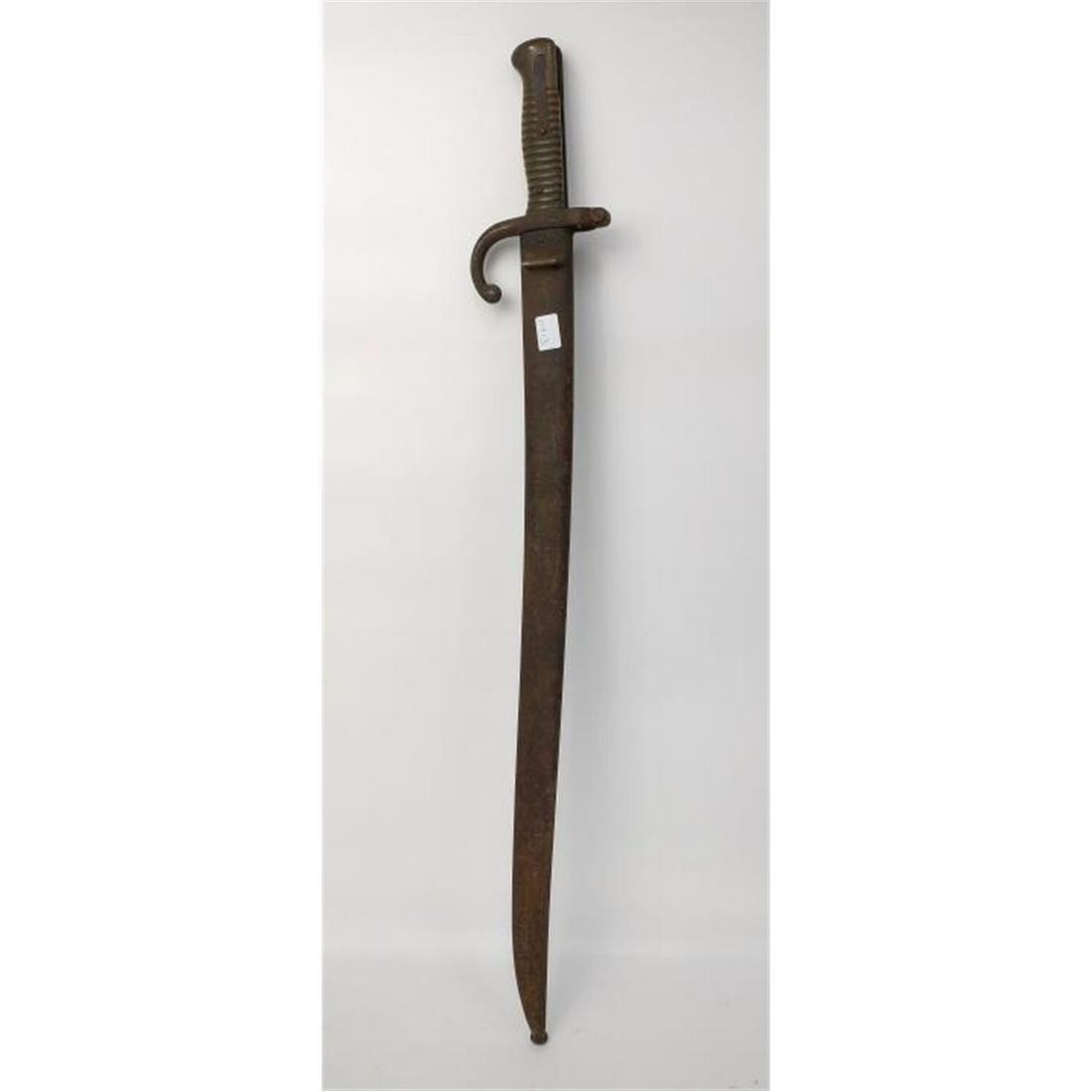 Civil War Era Short Sword Rifle Bayonet w Scabbard: Civil War Era Short Sword Rifle Bayonet with Scabbard, Dated 1869. Condition: Generally Good Condition For Age. Some Rust. Dimensions: L-28". Provenance: From an Upstate, NY Estate. Please note the ab