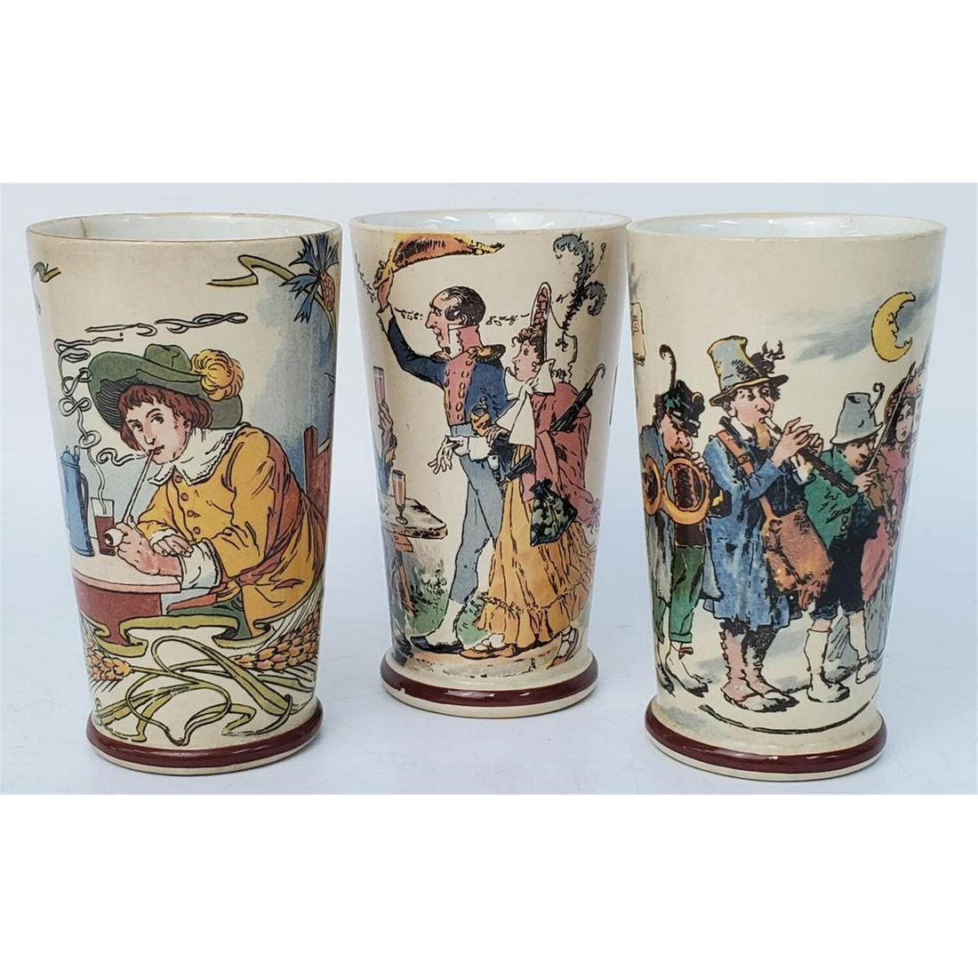 3 Villeroy & Boch "Mettlach" Pottery Tumblers: 3 Villeroy & Boch "Mettlach" Pottery Tumblers. Made in Germany. Each 1/4L. Condition: 2 are Generally Good Condition. One Has Hairline on Top. Dimensions: H-5". Provenance: From A Upper East Side Manh