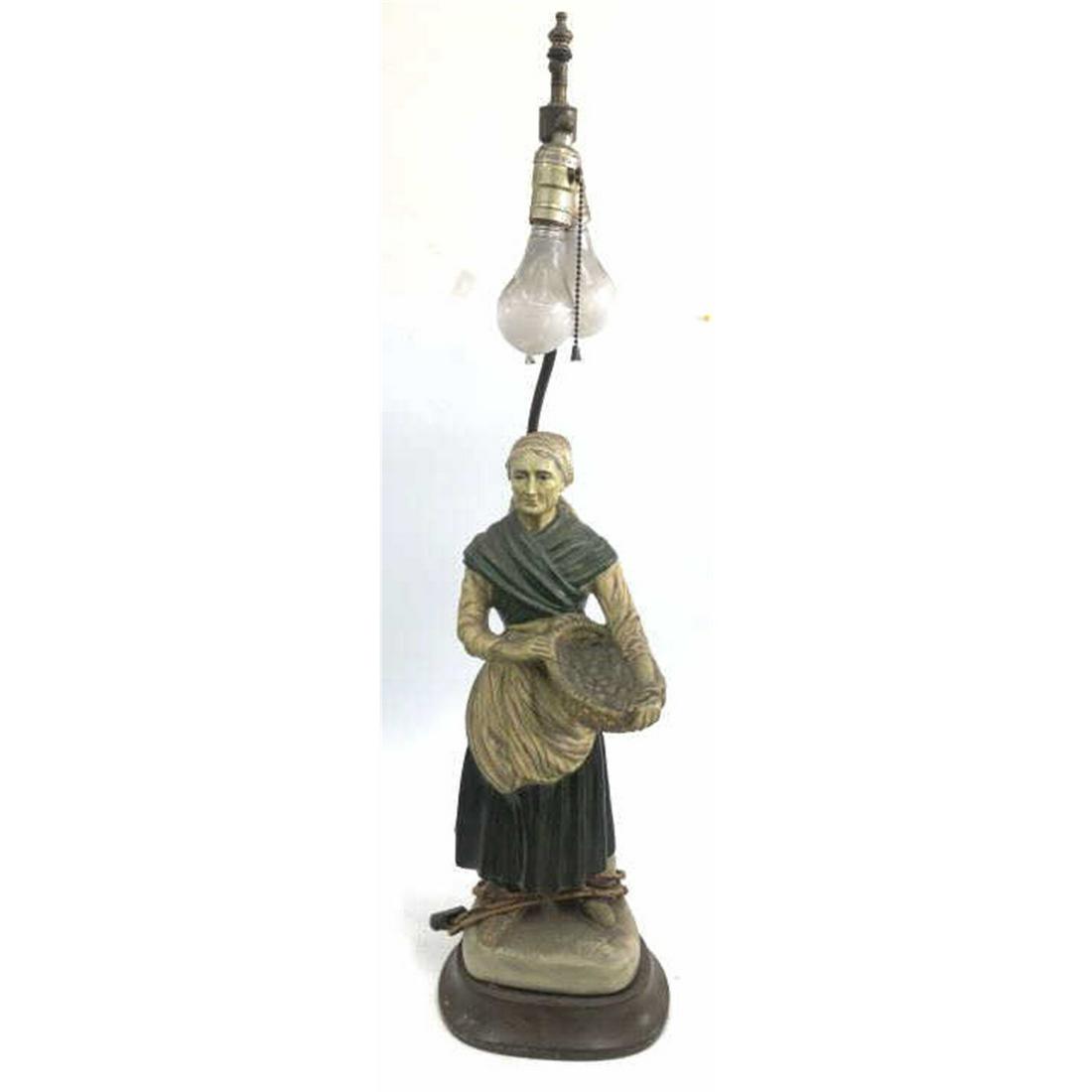 Antique Ceramic Lamp of Woman Holding Basket: Antique Ceramic Lamp of a Woman Holding a Basket. Condition: Generally Good Condition.Dimensions: H-33".Provenance: From a Long Island, NY home.Please note the absence of a condition report does not i