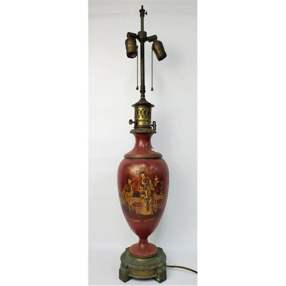 Antique Japanese Lamp Base with Bronze Mounts: Antique Japanese Lamp Base with Bronze Mounts. Condition: Paint Loss and Needs Rewiring. Dimensions: Total H: 33". Provenance: Lifetime Collection of an Important Retired Antique Dealer. From South Sh