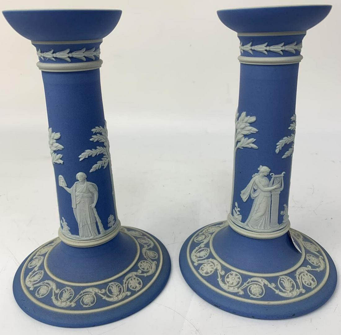 Pair Wedgwood Blue/ White Jasperware Candlesticks