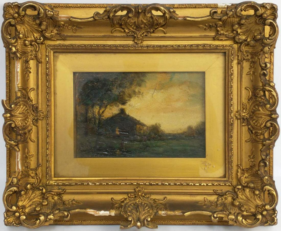 Antique Painting Oil on Board, by George A. Traver: Antique Painting Oil on Board, by George A. Traver, American (1864-1928). Signed Lower Left. Described on the back, Newtown Long Island, NY 1896. Condition: Painting has cracks. Frame has chips. Dimen