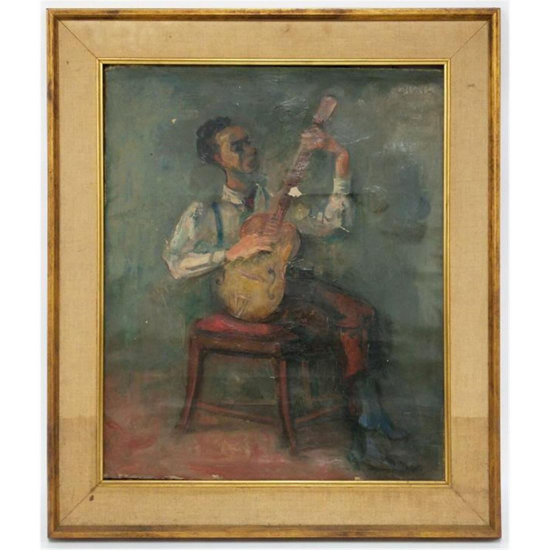 Antique Painting Oil on Canvas, Singed Upper Right: Antique Painting Oil on Canvas, Signed Upper Right. "The Guitar Player". In Original Frame.Condition: Generally Good Condition. As found, with some paint loss. Dimensions: Sight- 18" x 15", Frame- 23"