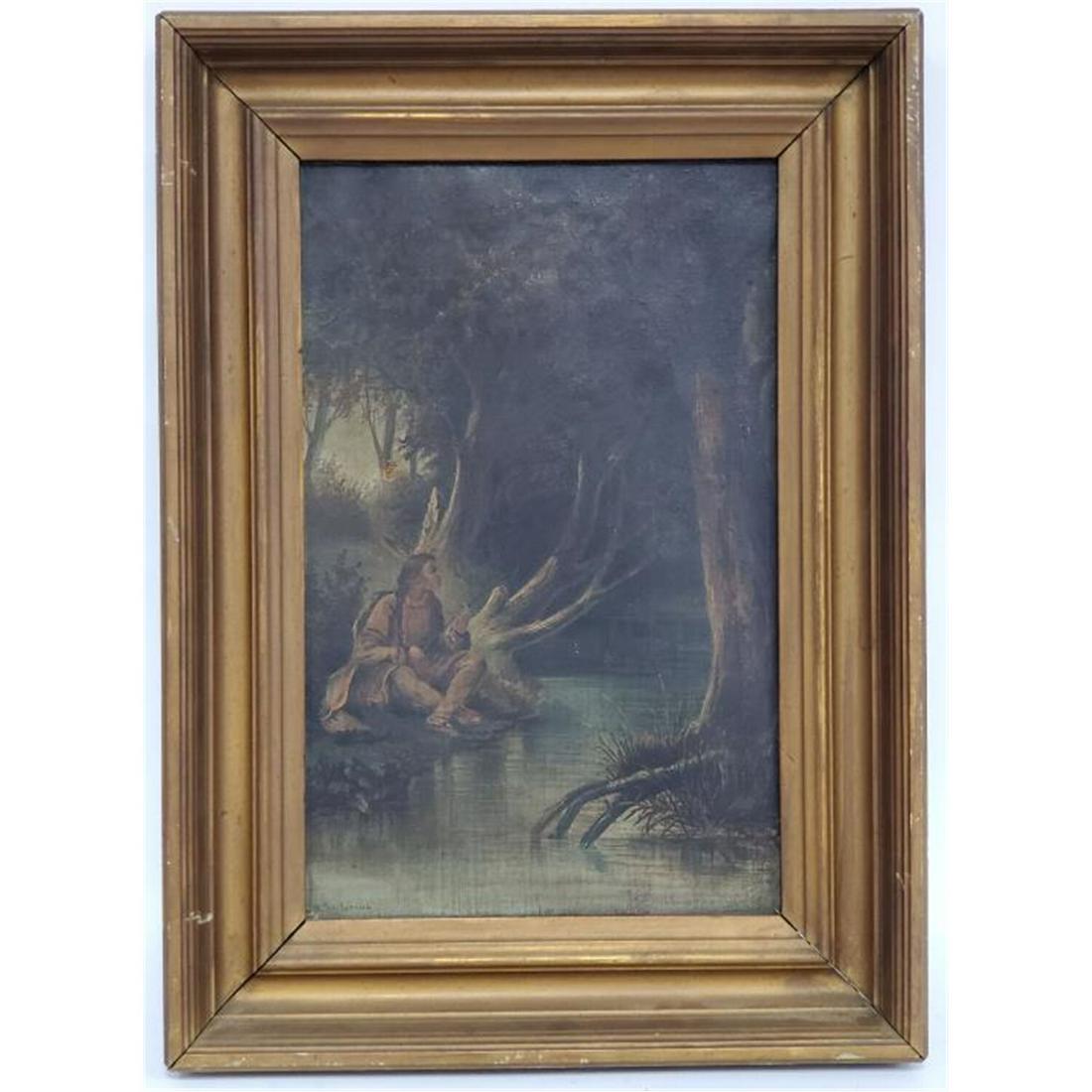 Antique Painting. Oil on Canvas "Native American": Antique Painting. Oil on Canvas. Signed Lower Right H. Satorius. Late 19thC "Native American Fishing". In Original Frame. Condition: Generally Good Condition with Tear in One Area. Dimension: Sight 15