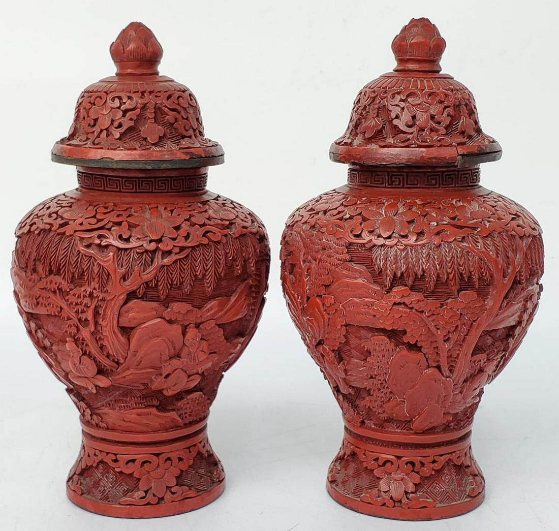Pair Of Vintage Chinese Cinnabar Ginger Jars (1 of 4)