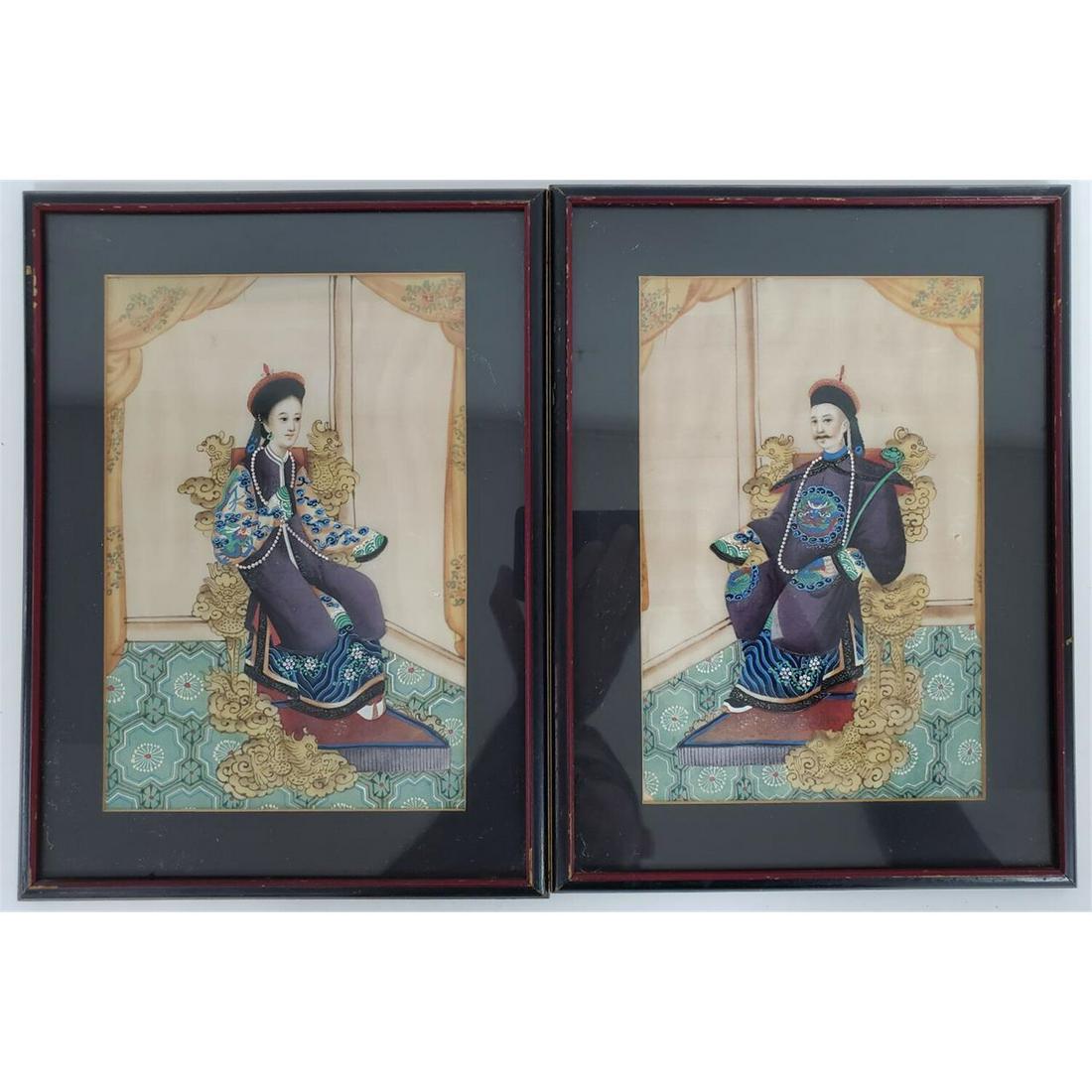 Pair of Antique Chinese Paintings on Silk: Pair of Antique Chinese Paintings on Silk. "King & Queen" in Original Frames. Condition: Generally Good Condition. One Small Loss in Corner Due to Age. Dimensions: Sight: L: 9" x W: 6". Frame: 11.75" 