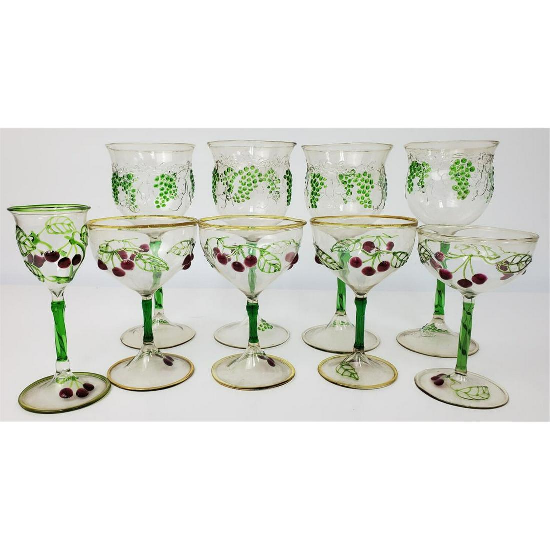 Lot of 9 Old Art Glass Wine Glasses: Lot of 9 Old Art Glass Wine Glasses with Applied Cherries & Grapes. Probably "Bimini". Condition: Good. Dimensions: Tallest H: 6.25". Provenance: From a Manhattan NY home. Please note the absence of a