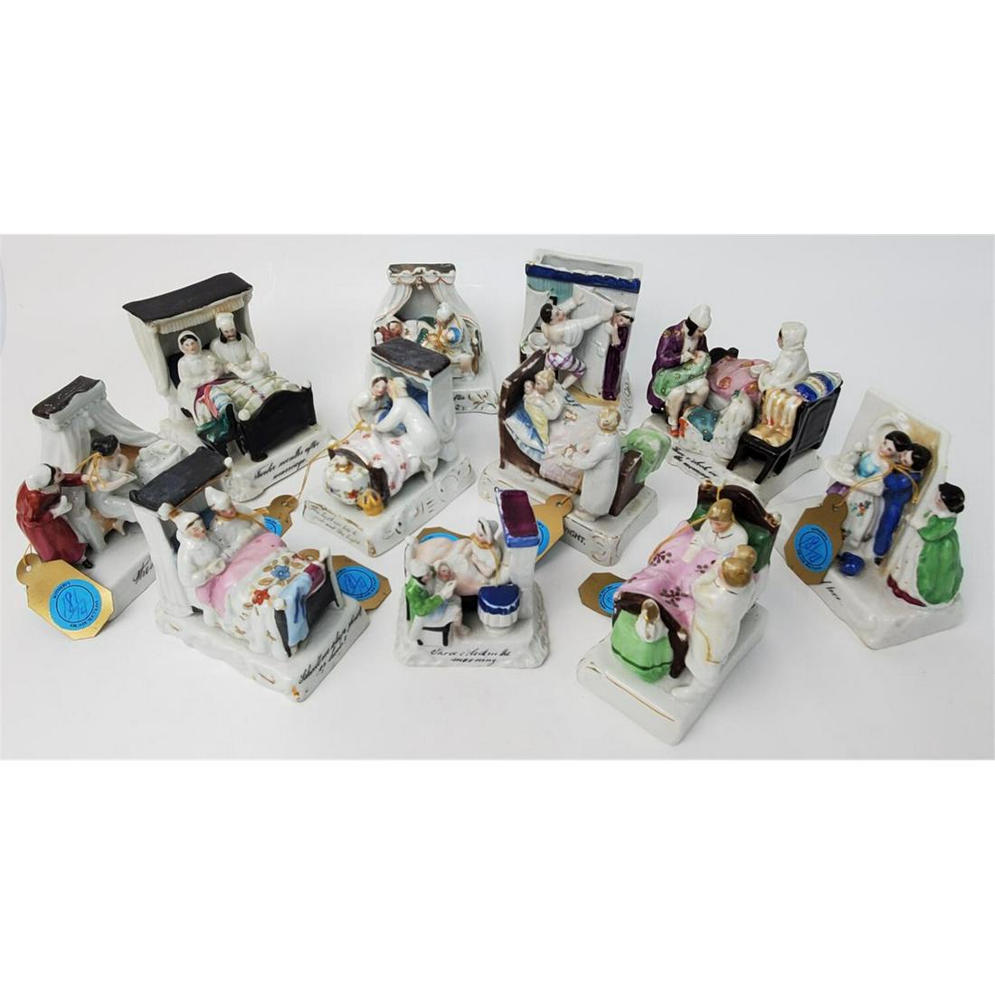 Lot of 11 Antique German Porcelain Fairings: Lot of 11 Antique German Porcelain Fairings Figurines. Purchased in Sotheby's Arcade auction. Condition: All Appear to be in Generally Good Condition. Dimensions: Largest H: 3.5" x L: 3.5" x W: 3". Pr