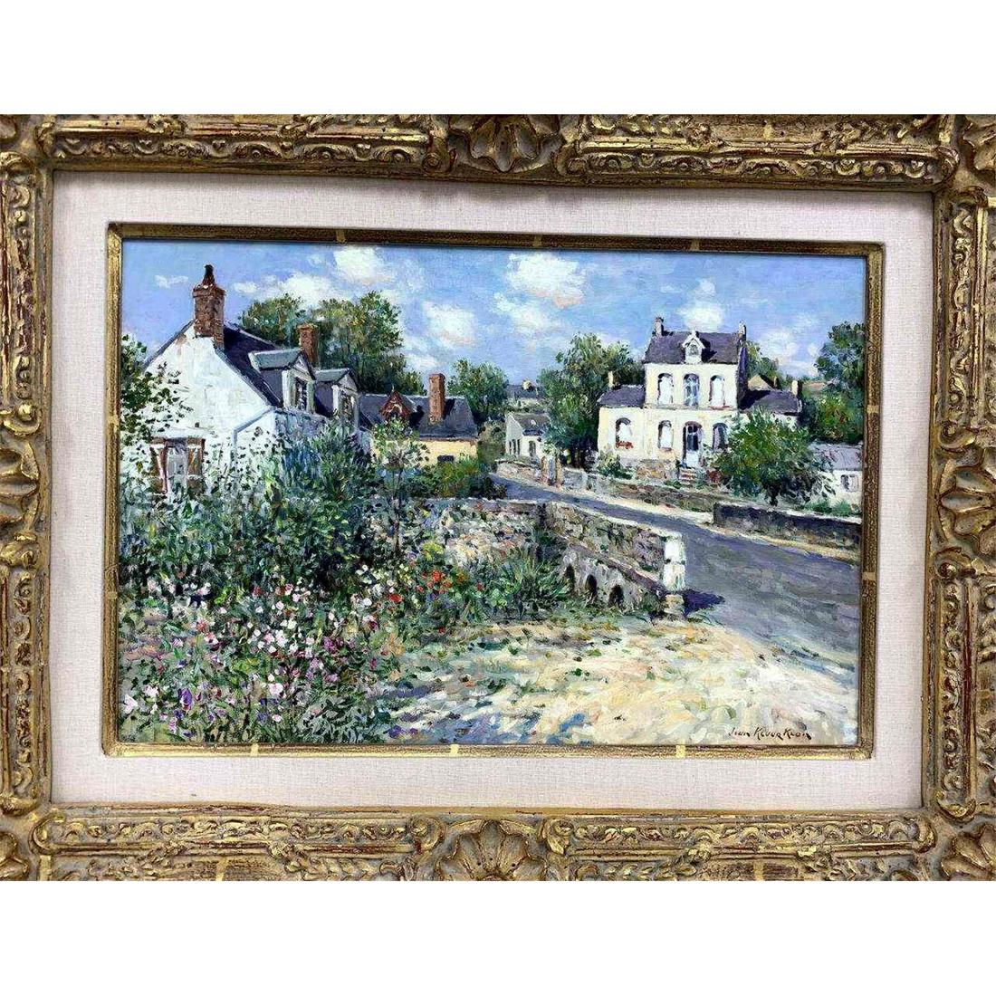 Painting, Oil on Canvas, Jean Kevorkian, French: Painting, Oil on Canvas, Jean Kevorkian, French (b. 1933). "French Village of St. Rimay". Signed Lower Right. Described on Back and Also Dated August 1993. In Original Frame. Condition: Excellent. Dim