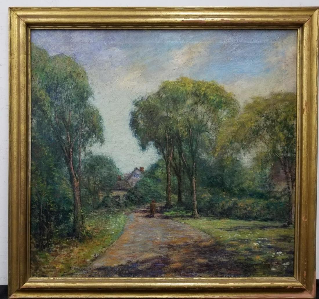 Antique American Impressionist Oil Painting Signed: Large Antique American Impressionist Painting, Oil on Canvas. Signed Lower Right. With Original Invoice from 2004, $1,200.00. In Original Frame. Condition: Generally Very Good Condition. Dimensions: S