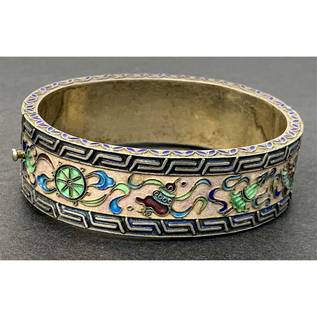 Unusual Chinese Silver & Enamel Bangle Bracelet (1 of 3)
