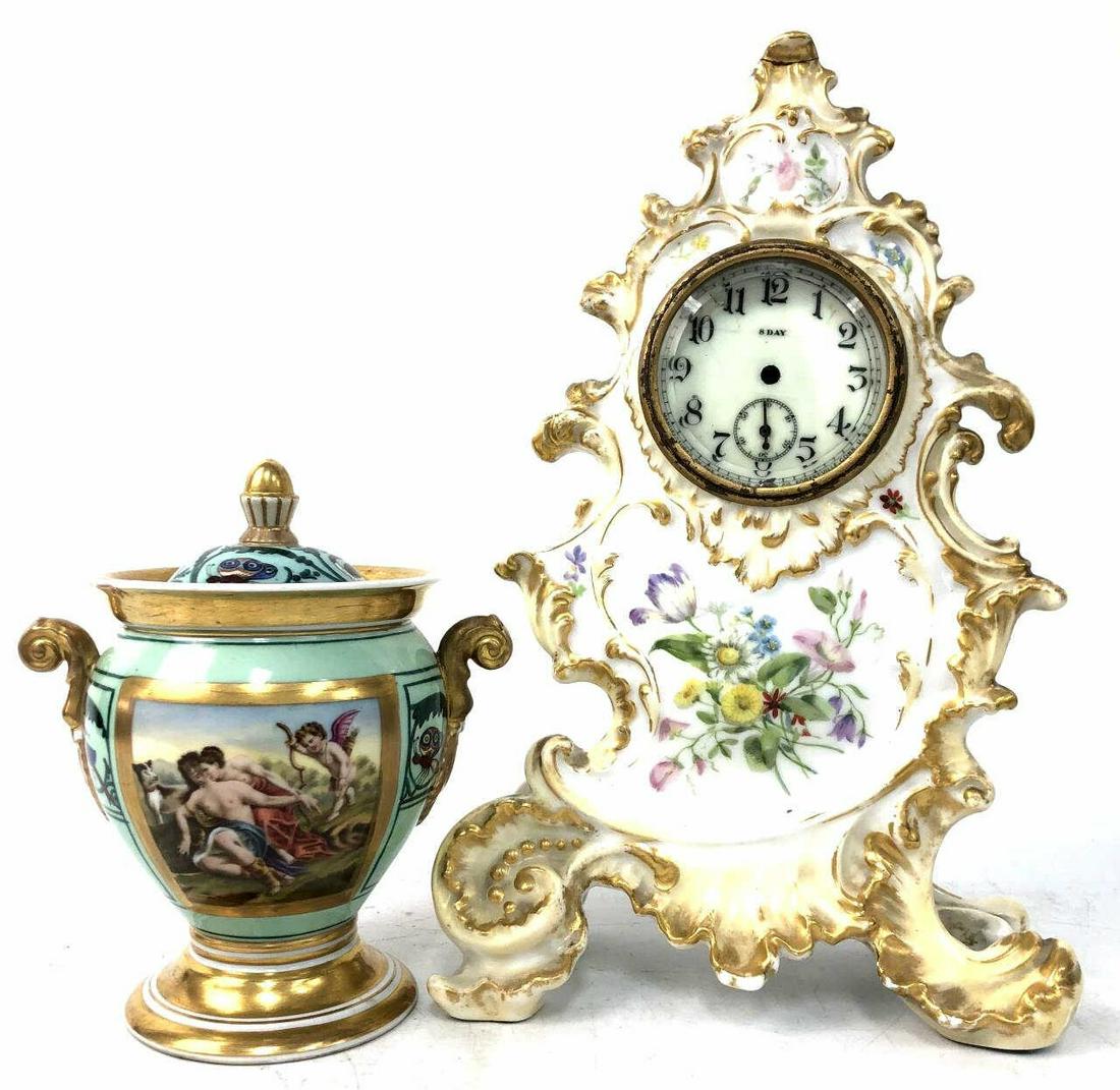 2 Antique Porcelain Items, Jar & Mantel Clock (1 of 4)