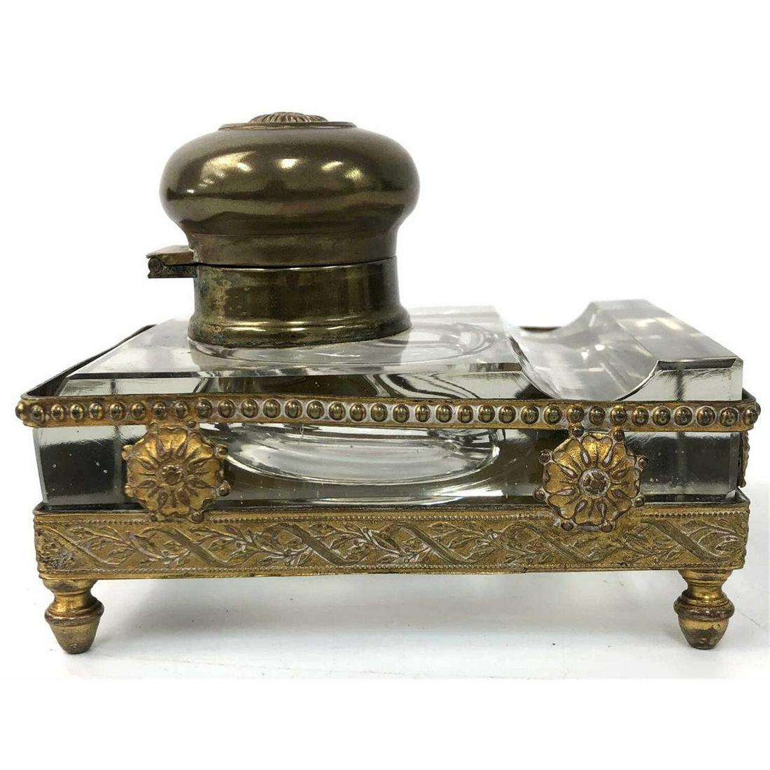 19th C French Crystal and Ormolu Teardrop Inkwell: Antique 19th C French Crystal and Ormolu Teardrop Inkwell and Pen Holder. This Type of Inkwell (with Teardrop) are Very Rare. Condition: Appears to Be in Generally Very Good Condition. Dimensions: L: 