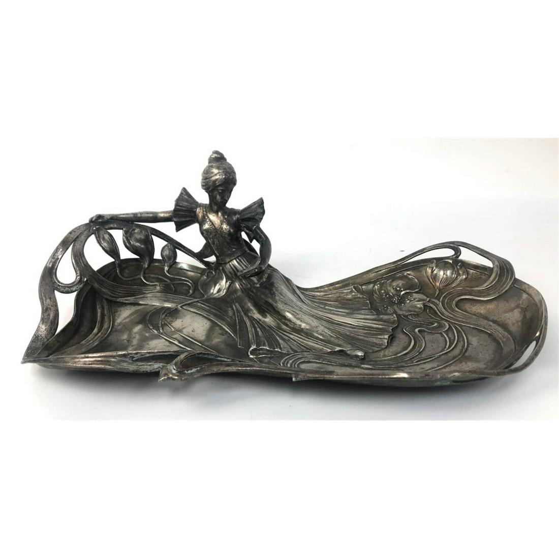 Art Nouveau French Large Pewter Figural Card Tray (1 of 5)