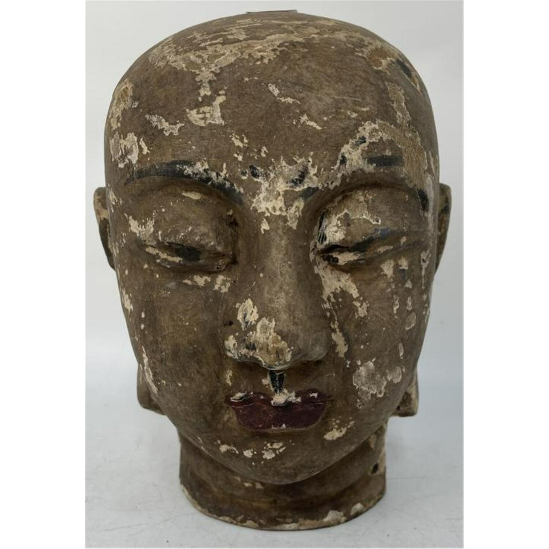 Antique Chinese Carved Wood Head of Buddha. 19th C (1 of 3)
