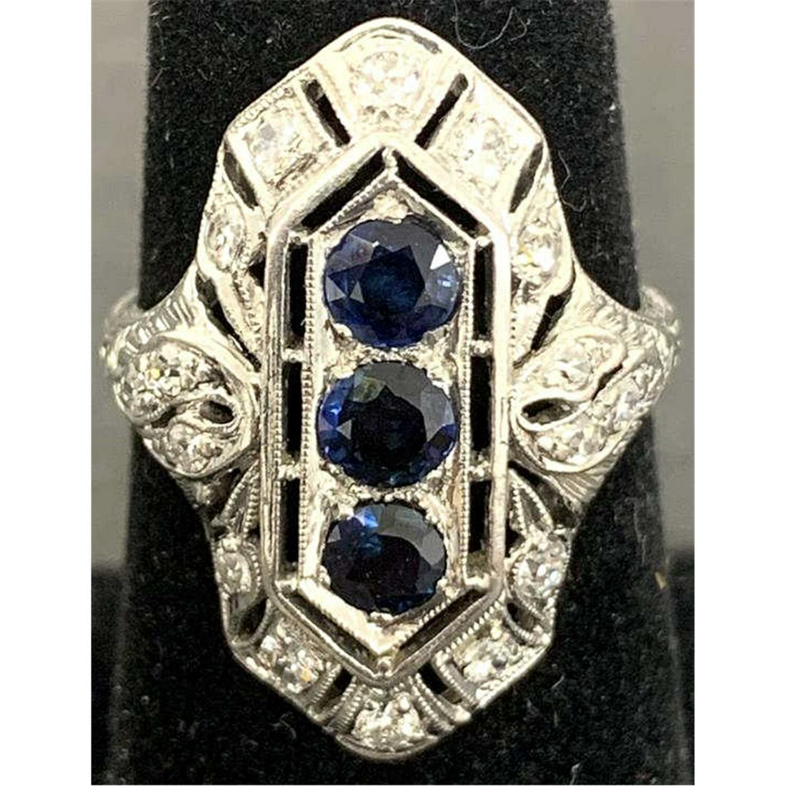 Art Deco Platinum Ring with Diamonds & Sapphires (1 of 3)