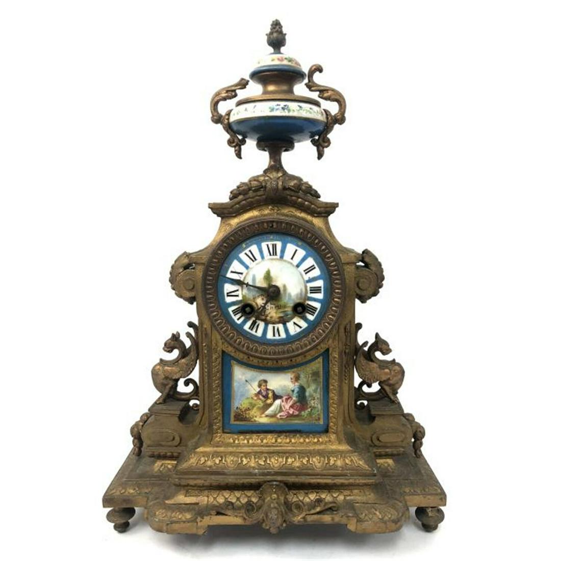 Antique Metal Clock with Hand Painted Enamel Face (1 of 5)
