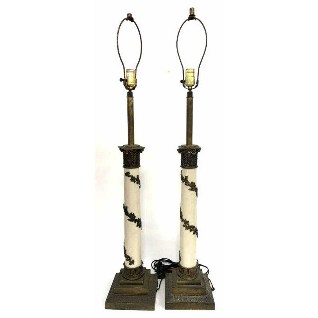 Antique Pair of Column Table Lamps: Antique Pair of Column Table Lamps. Condition: Generally Good; However We Cannot Guarantee the Wiring. Dimensions: Total H: 40". Provenance: From a South Shore Long Island NY Home. Please note the abs