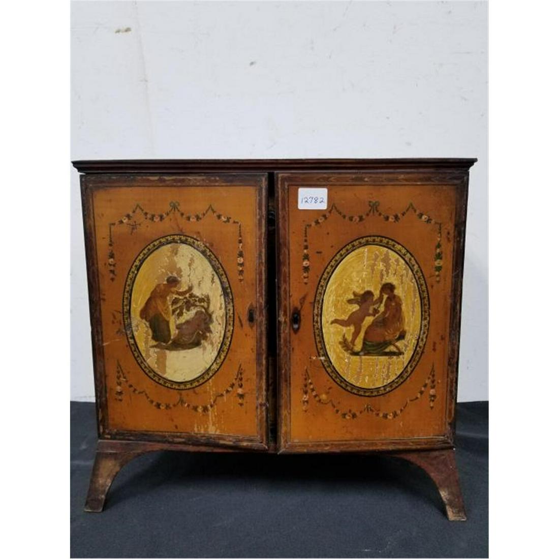 Antique Hand Painted Wood Jewelry Box with Drawers: Antique Wood Jewelry Box with Drawers and Hand Painted Decorations. Condition: As Found. Damages and Paint Loss Due to Age & Use. Dimensions: L: 12.25" x W: 6" x H: 12". Provenance: From a Long Island