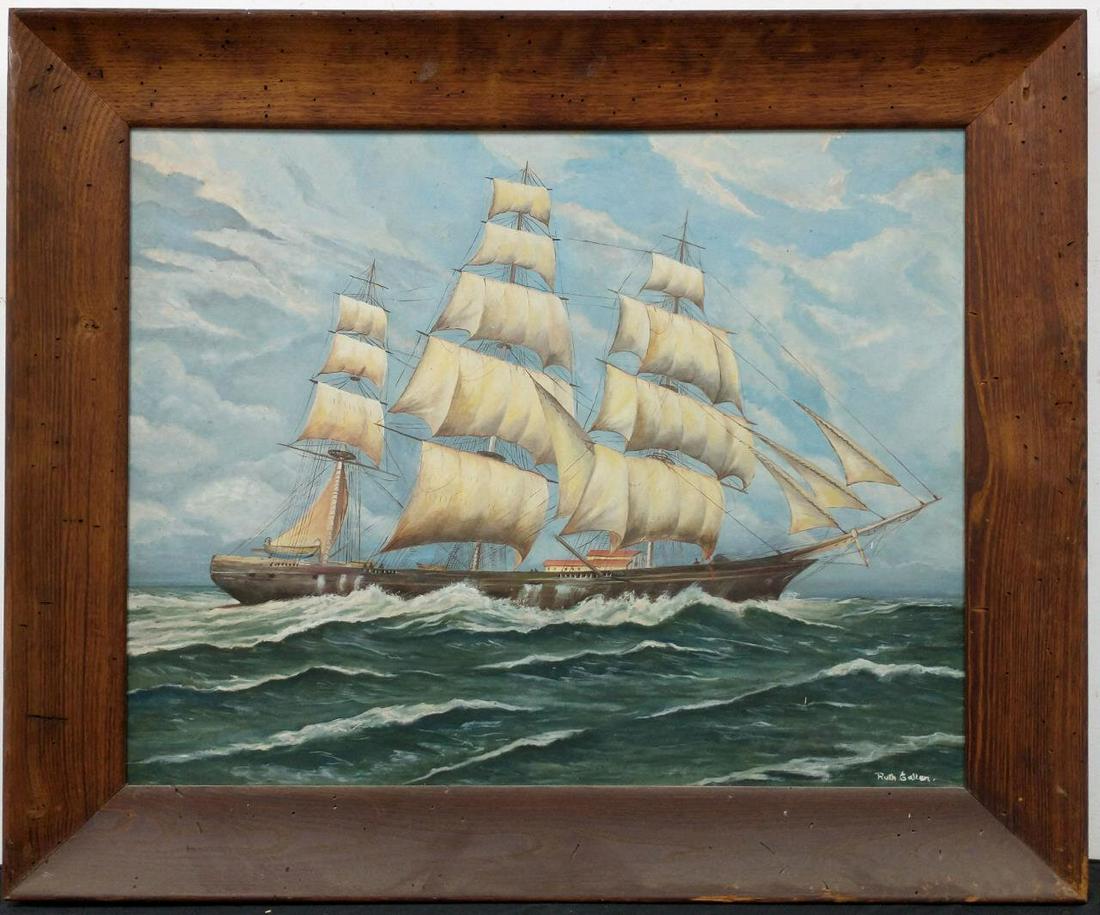 Painting Oil on Canvas by Ruth Gallen,Circa 1920's: Painting Oil on Canvas by Ruth Gallen, "Seascape", Circa 1920's. In Original Wood Frame. Condition: Generally Very Good Condition. Dimensions: Sight-30" x 24". Frame-36" x 30". Provenance: From a Quee