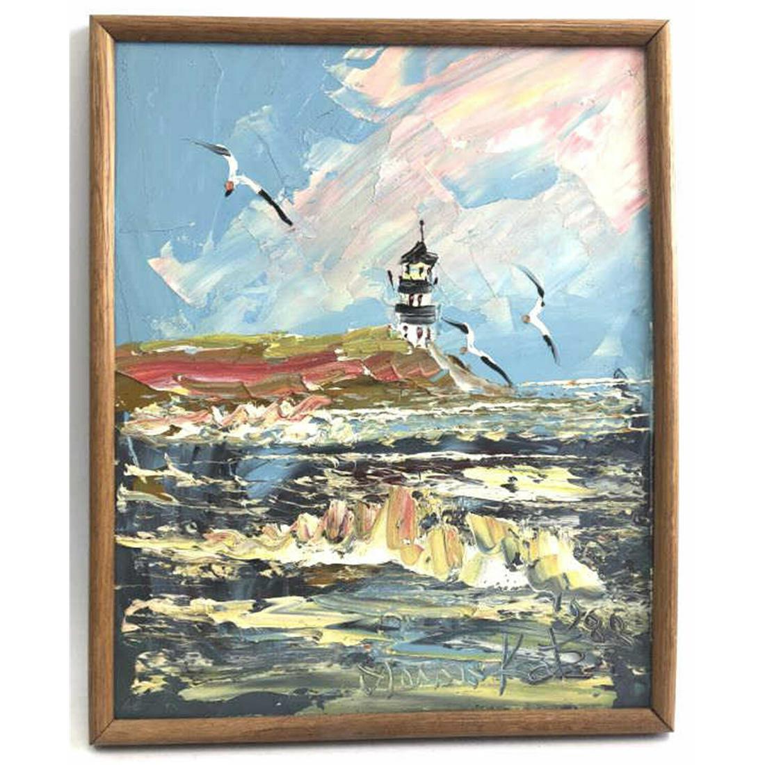 Painting Oil on Board, Signed Morris Katz: Oil on Board of a Lighthouse, Signed Morris Katz '88. Condition: Generally Good Condition. Dimensions: Sight-19.75" x 15.5", Frame-21.75" x 17". Provenance: From a Long Island, NY Home. Please note th