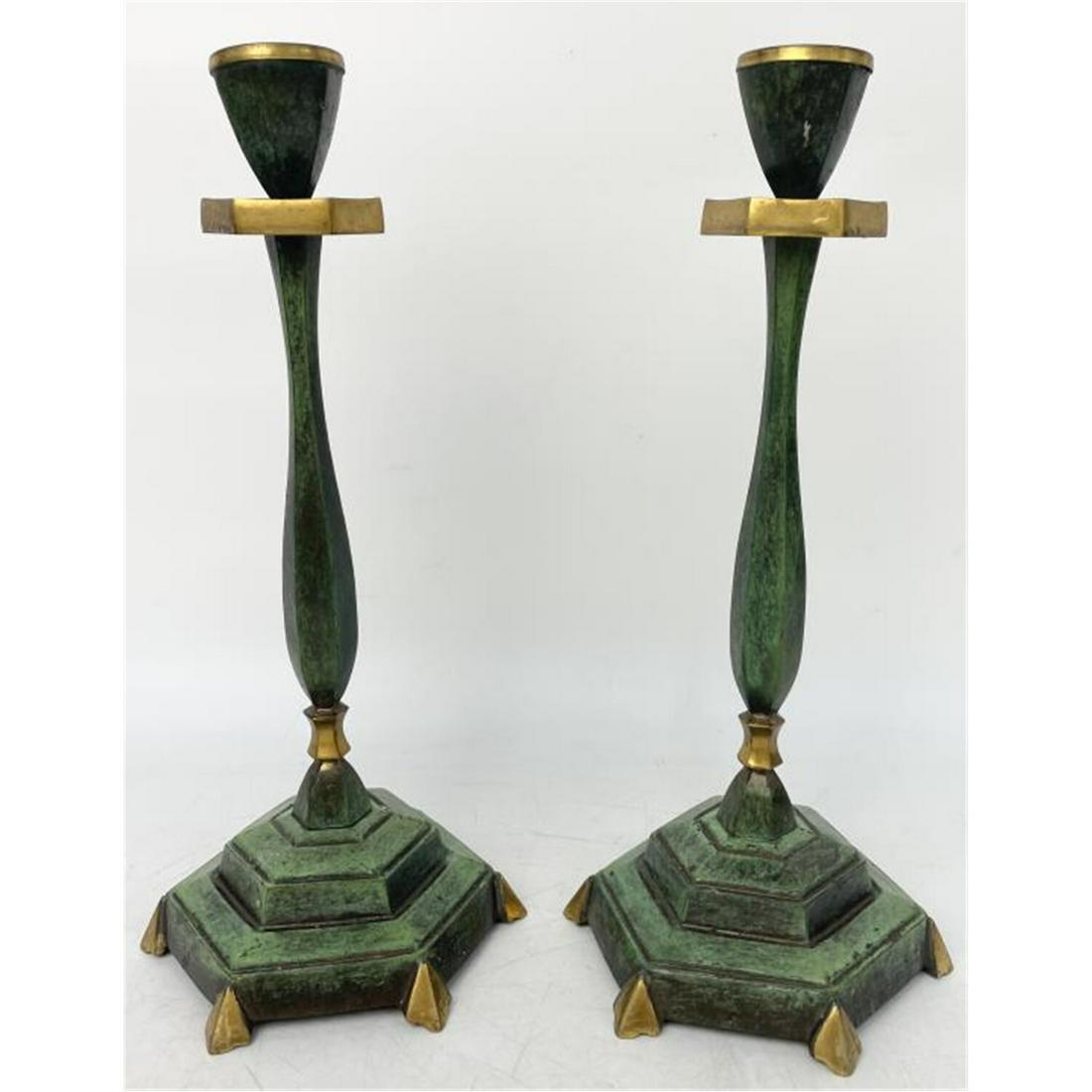 Pair Brass Candlesticks with Green Patina (1 of 2)