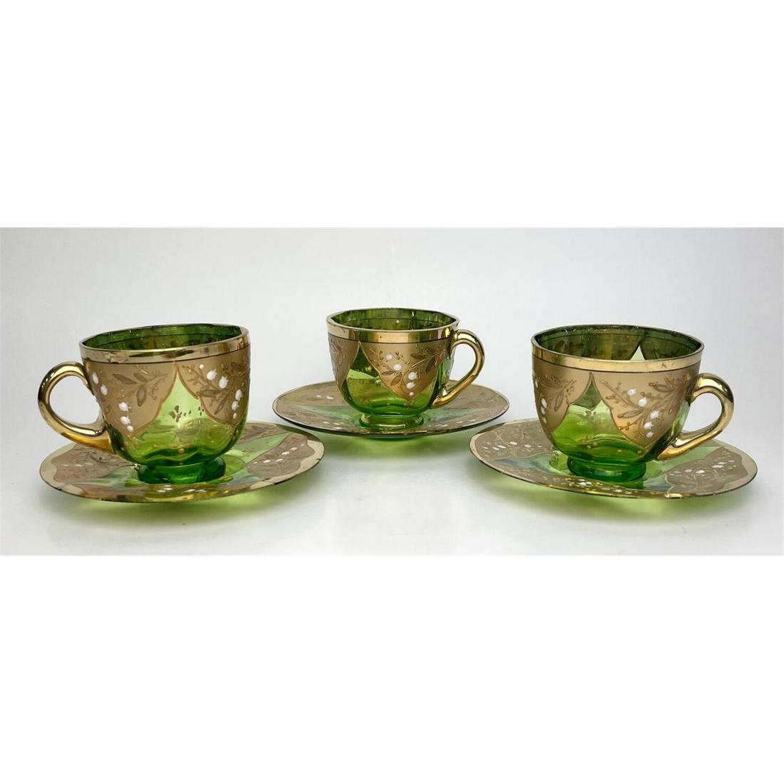 3 Antique Bohemian Glass Enameled Cups & Saucers, Moser (1 of 2)