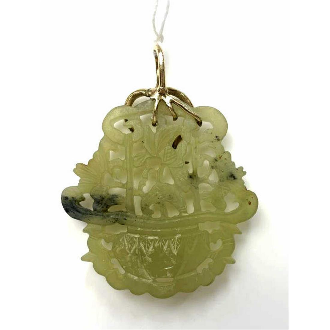 Chinese 14K Gold Mounted Carved Stone Pendant (1 of 2)