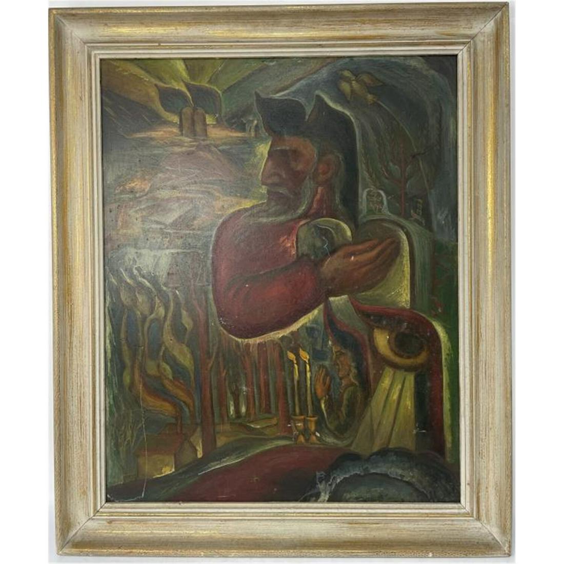 Vintage Judaica Painting Oil on Board, "Moses": Vintage Judaica Painting Oil on Board, "Moses". In Original Frame. Condition: Generally Good Condition with Some Scratches.Dimensions: Sight: 30" x 24", Frame 35" x 29".Provenance: From New Jersey Est
