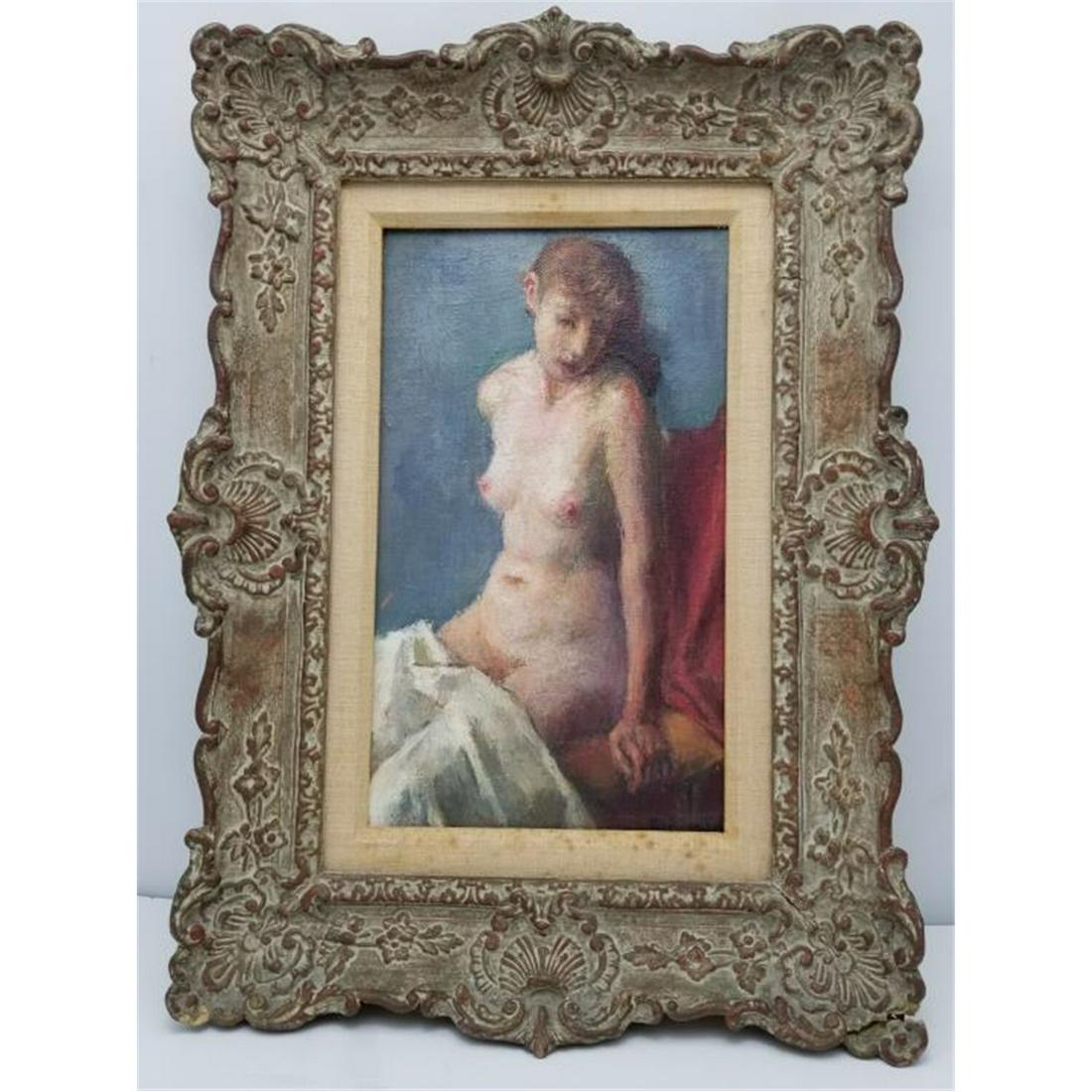 Painting, Oil on Canvas by Robert Brackman: Painting, Oil on Canvas by Robert Brackman, American (1898-1960). "Seated Nude". Signed Lower Right and Described on Back. In Original Frame. Condition: Excellent. Dimensions: Sight- 10" x 6.25", Fram