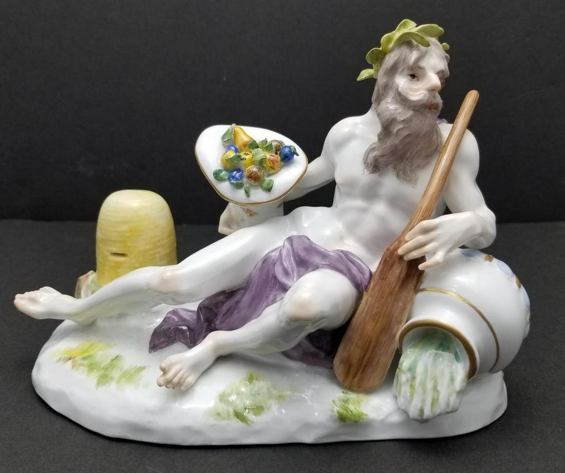 Antique 19th C. Meissen Hand Painted Figurine: Unusual Antique 19th C. Meissen Hand Painted Figurine. Condition: Generally Very Good. Original Hairline Cracks to Base from Manufacturing. Dimensions: L: 7.25" x W: 3.75" x H: 5.5". Provenance: From 