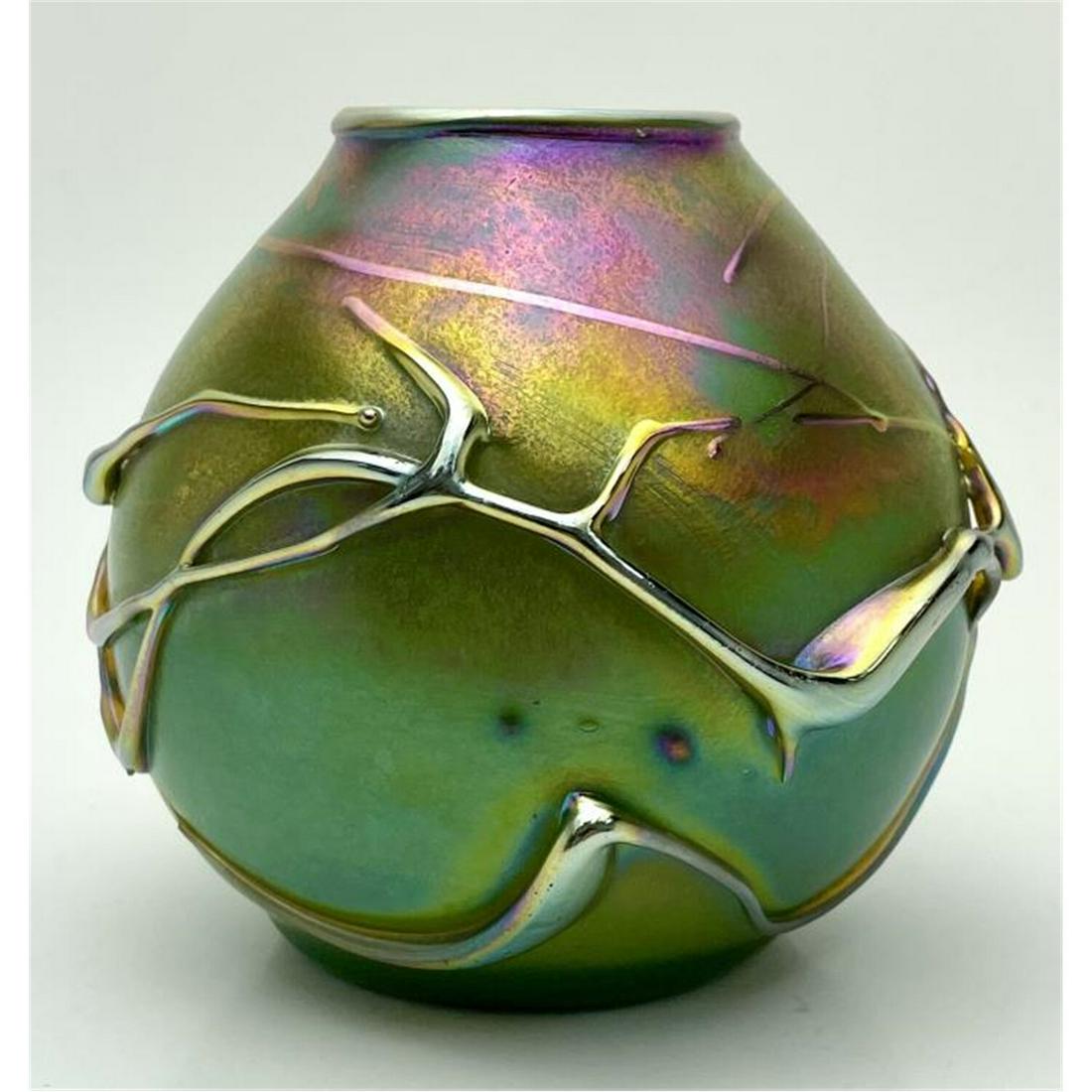 Unusual Iridescent Art Glass Vase Style of Steuben: Unusual Iridescent Art Glass Vase Style of Steuben. Condition: Excellent Condition. No Chips, Cracks, or RepairsDimensions: H: 3.75" Dia: 3.75". Provenance: From a Sutton Place Town House, NY City. Pl