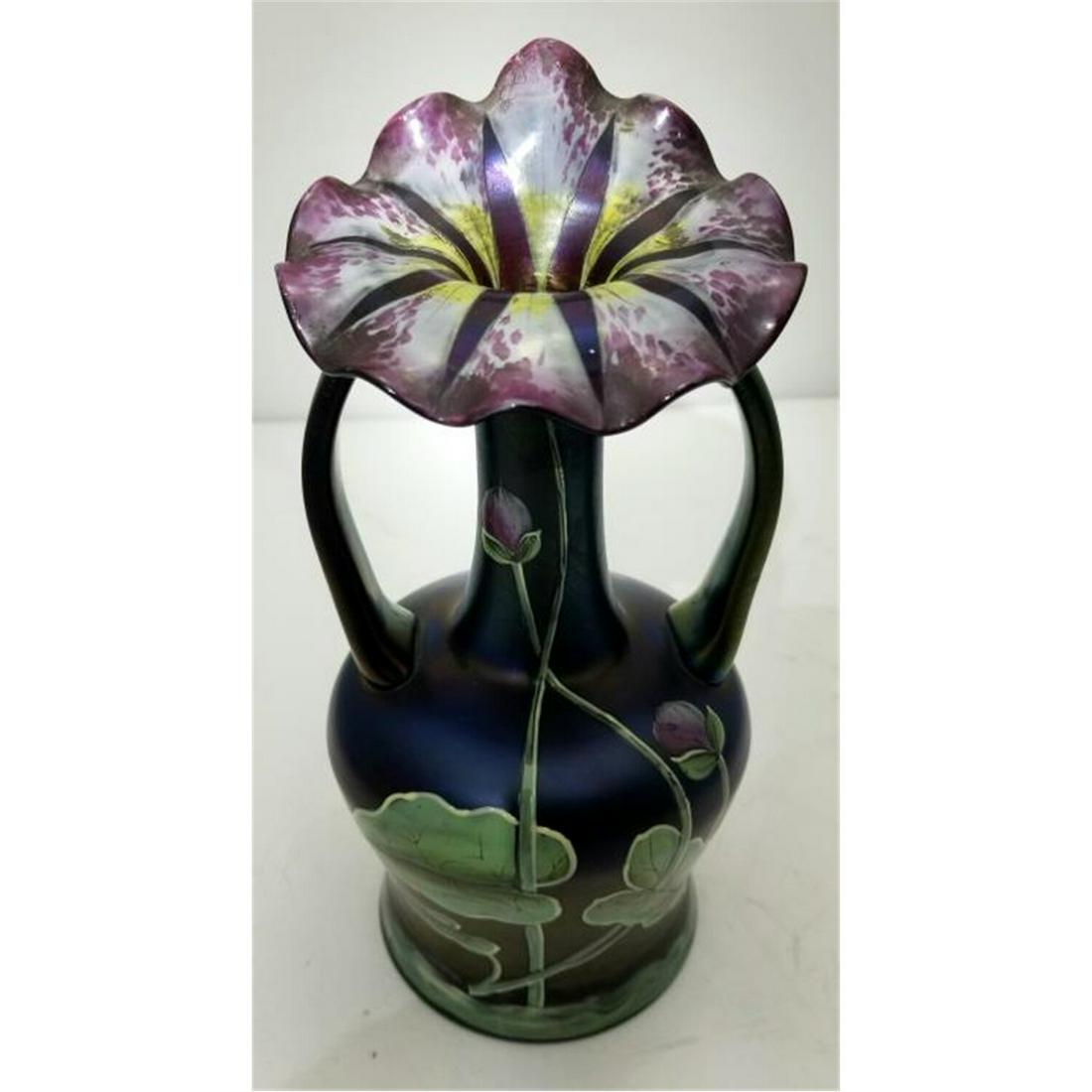 Unusual Loetz Style Enameled  Handled Flower Vase (1 of 5)