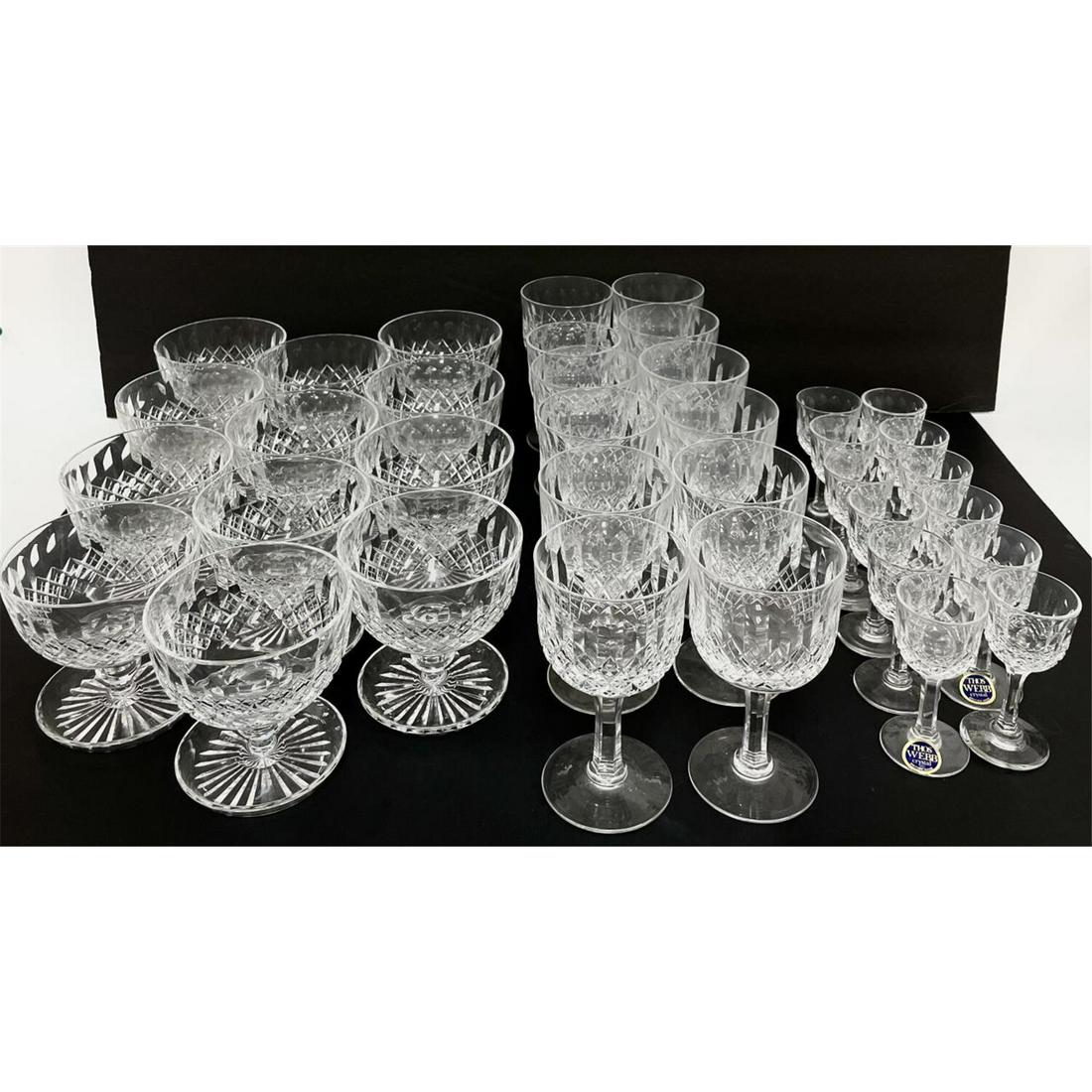 36 Pc. Thomas Webb "Normandy" Pattern Cut Glasses: 36 Piece Lot of Thomas Webb "Normandy" Pattern Cut Glass Items. Including 12 Footed Dessert Dishes, 12 Cordials, and 12 Claret Wine Glasses. Condition: All Excellent, with No Chips or Cracks. Dimensio