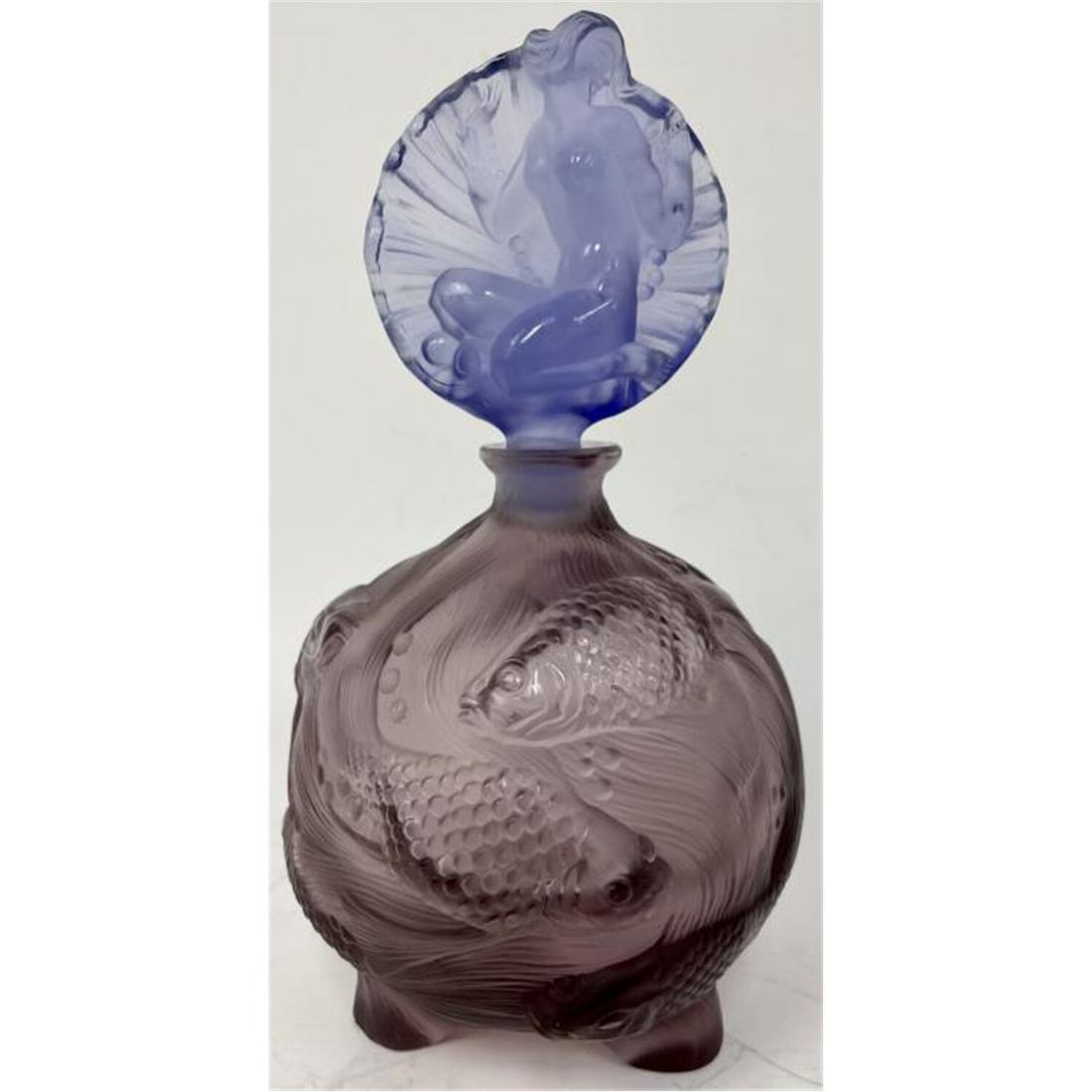 Vintage Czech Art Glass Perfume Bottle, Fish: Vintage Czechoslovakian Art Glass Perfume Bottle with Decorations of Fish and Mermaid. Exceptional High Quality.Condition: Excellent.Dimensions: H: 7.25" x Dia: 3.5".Provenance: From a South Shore Lon