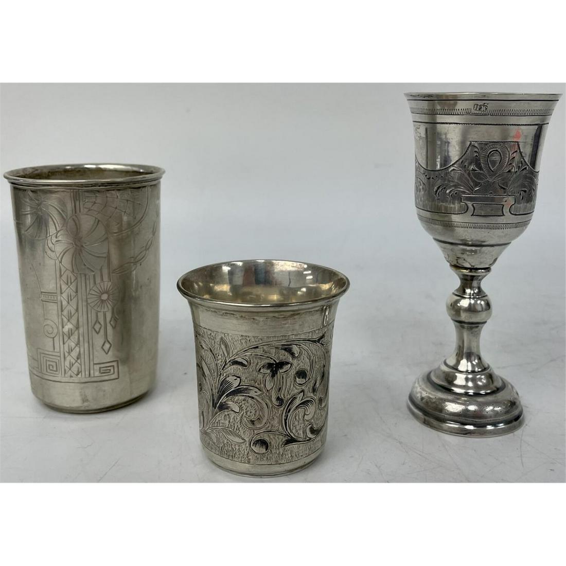 3 Judaica Russian Antique Silver Cups: 3 Judaica Russian Antique Silver Cups. Condition: Generally Good. Dimensions: Tallest H: 4.25". Total Weight: 171.4g., 5.51ozt. Provenance: From an Upstate NY Home. Please note the absence of a condit