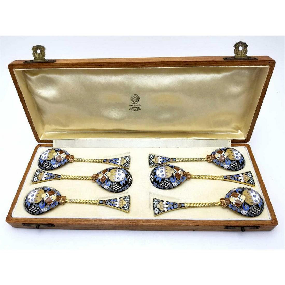 Set of 6 Russian silver and Enamel Large Spoons (1 of 5)