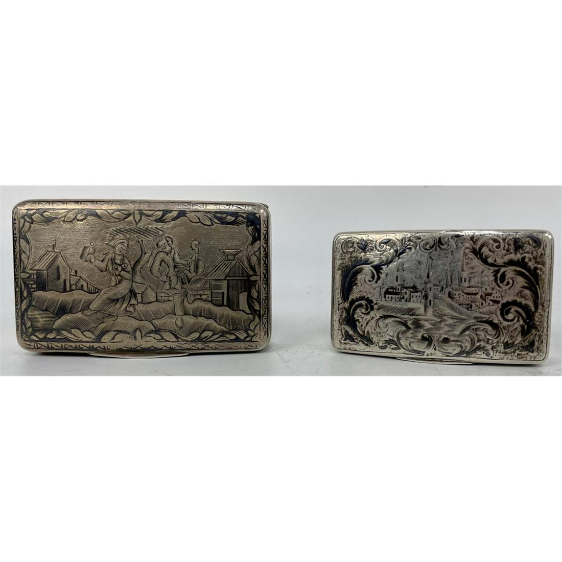 2 Russian Antique 19th C. Niello Silver Boxes: 2 Russian Antique 19th C. Niello Silver Boxes. Fully Hallmarked. Condition: Larger Box Has Been Repaired on 3 Corners. Dimensions: Larger L: 3.25" x W: 2" x H: .6". Total Weight: 180.2g., 5.8ozt. Prov