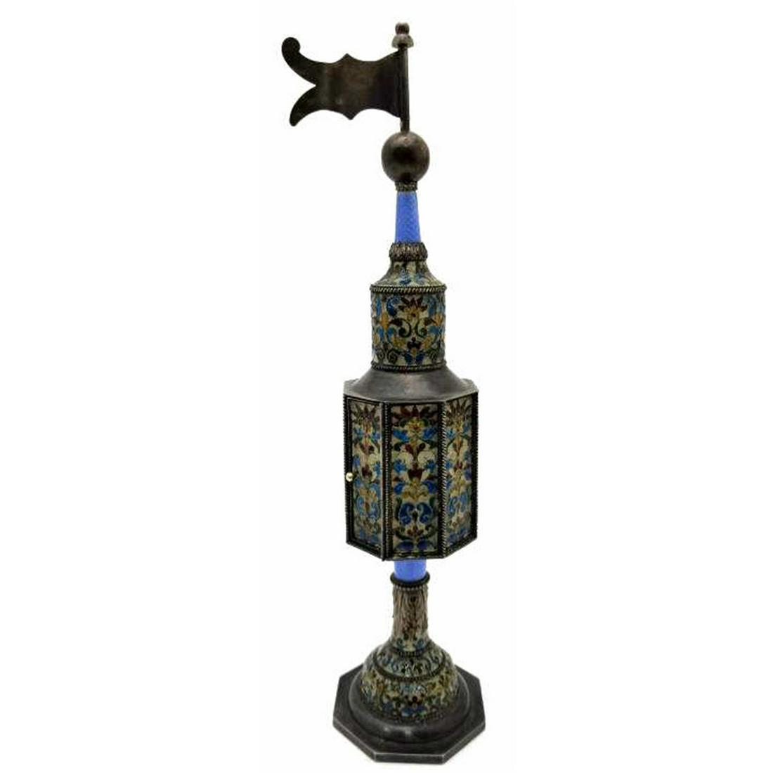 Judaica Russian Plique A Jour and Enamel Silver: Judaica Russian Plique A Jour and Enamel Silver "Besamim" Spice Box. Fully Hallmarked.Conditions: Excellent Condition. Tarnished, Needs Cleaning.Dimensions :H 9.5". 5.58 ozt / 173.7 g. Provenance: Fro