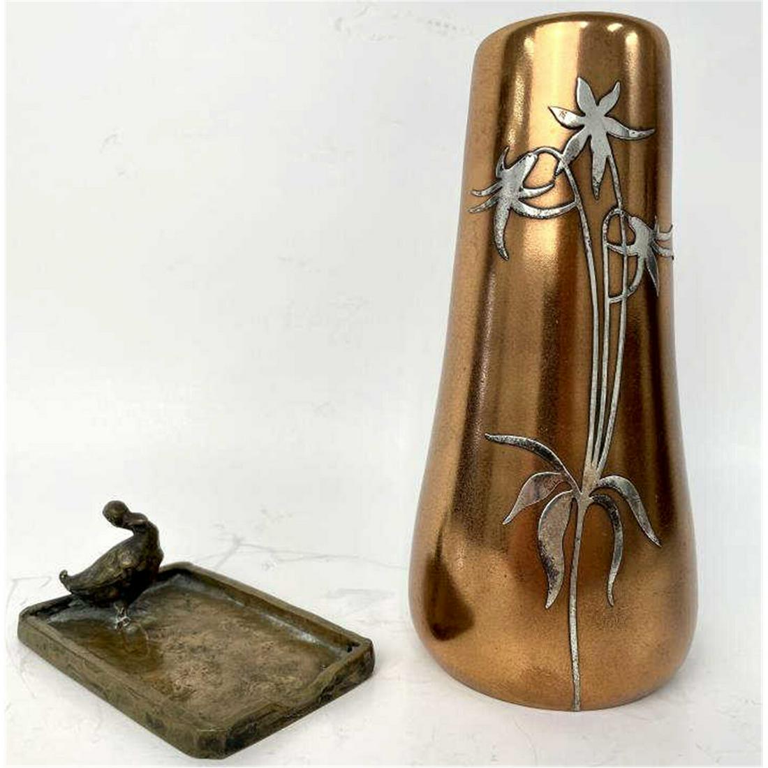 Antique Heintz Sterling on Bronze Vase & Ashtray (1 of 4)