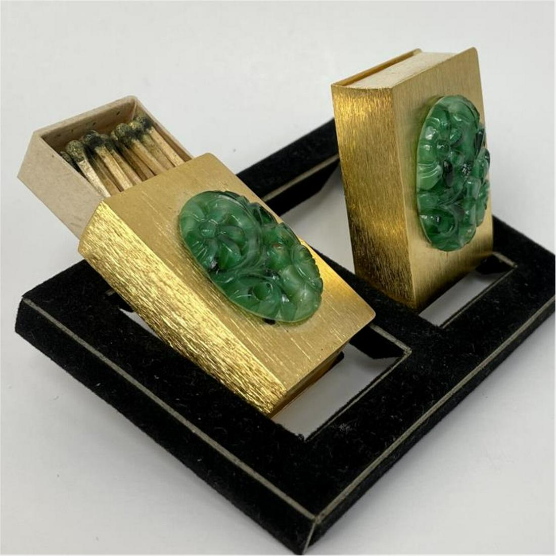 Pair of Chinese Jade Mounted Metal Match Boxes (1 of 3)
