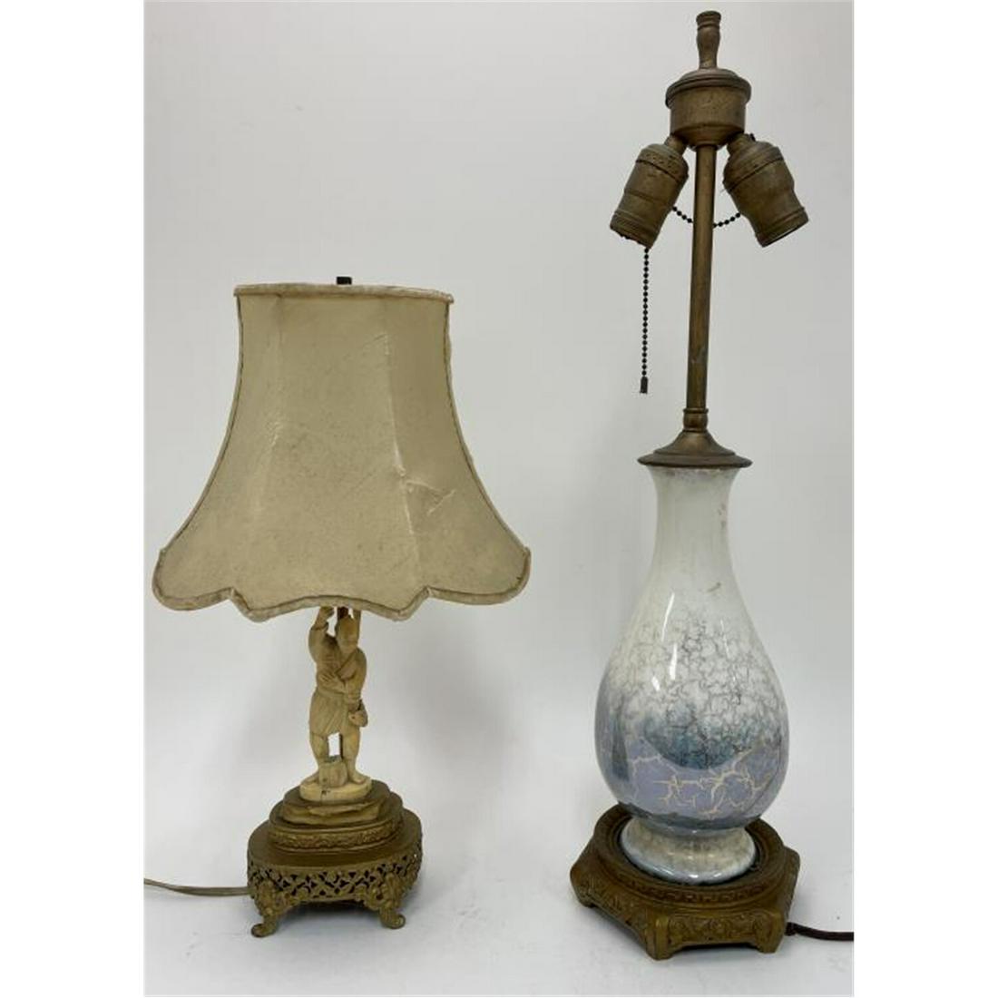 2 Antique Chinese Lamps- 1 Figural, 1 Vase: 2 Antique Chinese Lamps. One Has Carved Bone Figure, Other is Porcelain Vase. Condition: Generally Good. Dimensions: Tallest Total H: 23". Provenance: From a New Rochelle, Westchester County NY Estate