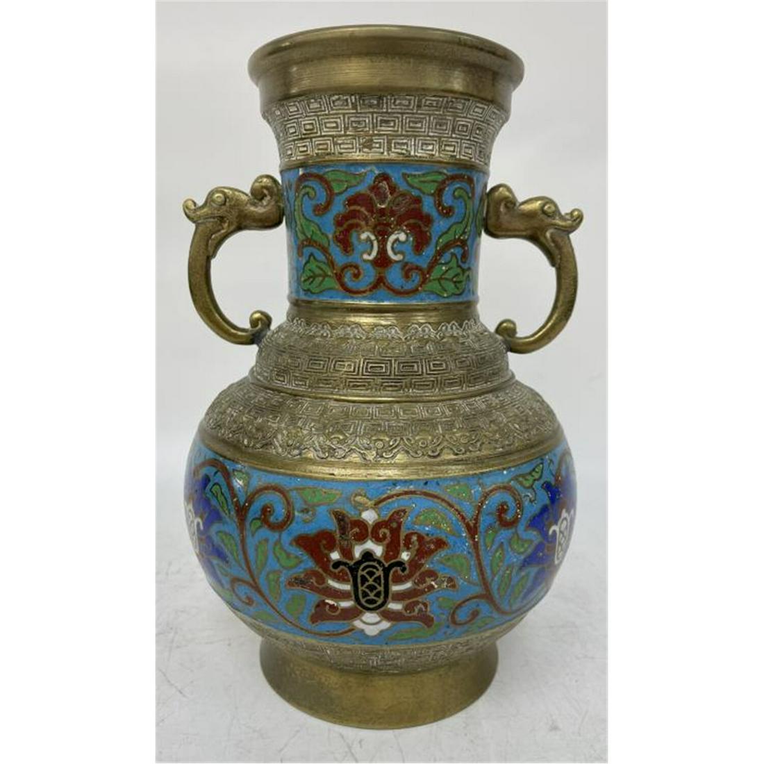 2-Handle Champleve Enameled Brass Vase (1 of 3)