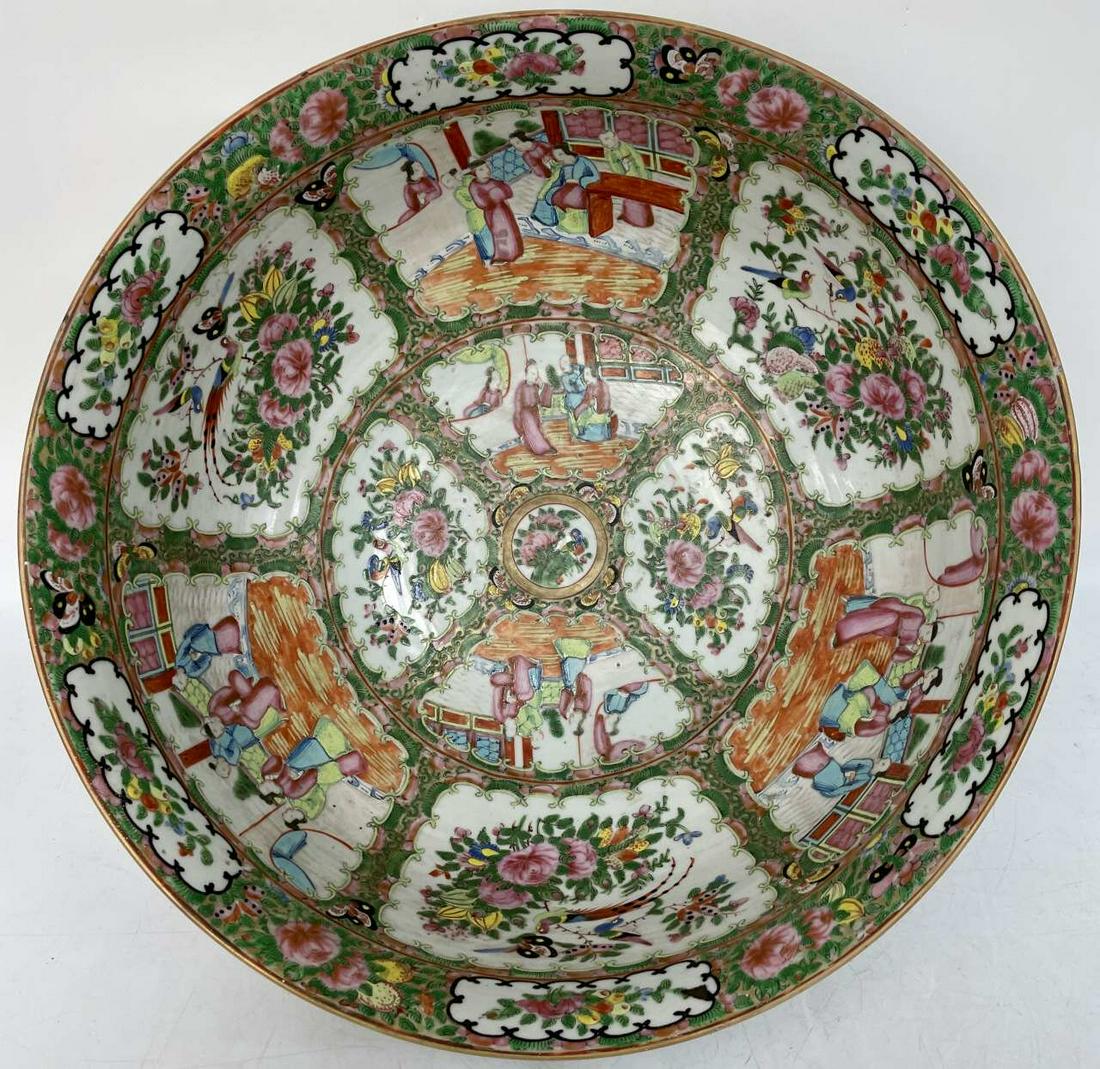Large Chinese Antique Rose Medallion Porcelain Bow: Large Chinese Antique Rose Medallion Porcelain Bowl.Condition: Generally Good Condition with minor chip on top edge.Dimensions: Dia- 15.75" H-6.75".Provenance: From a New Jersey Estate. Please note th