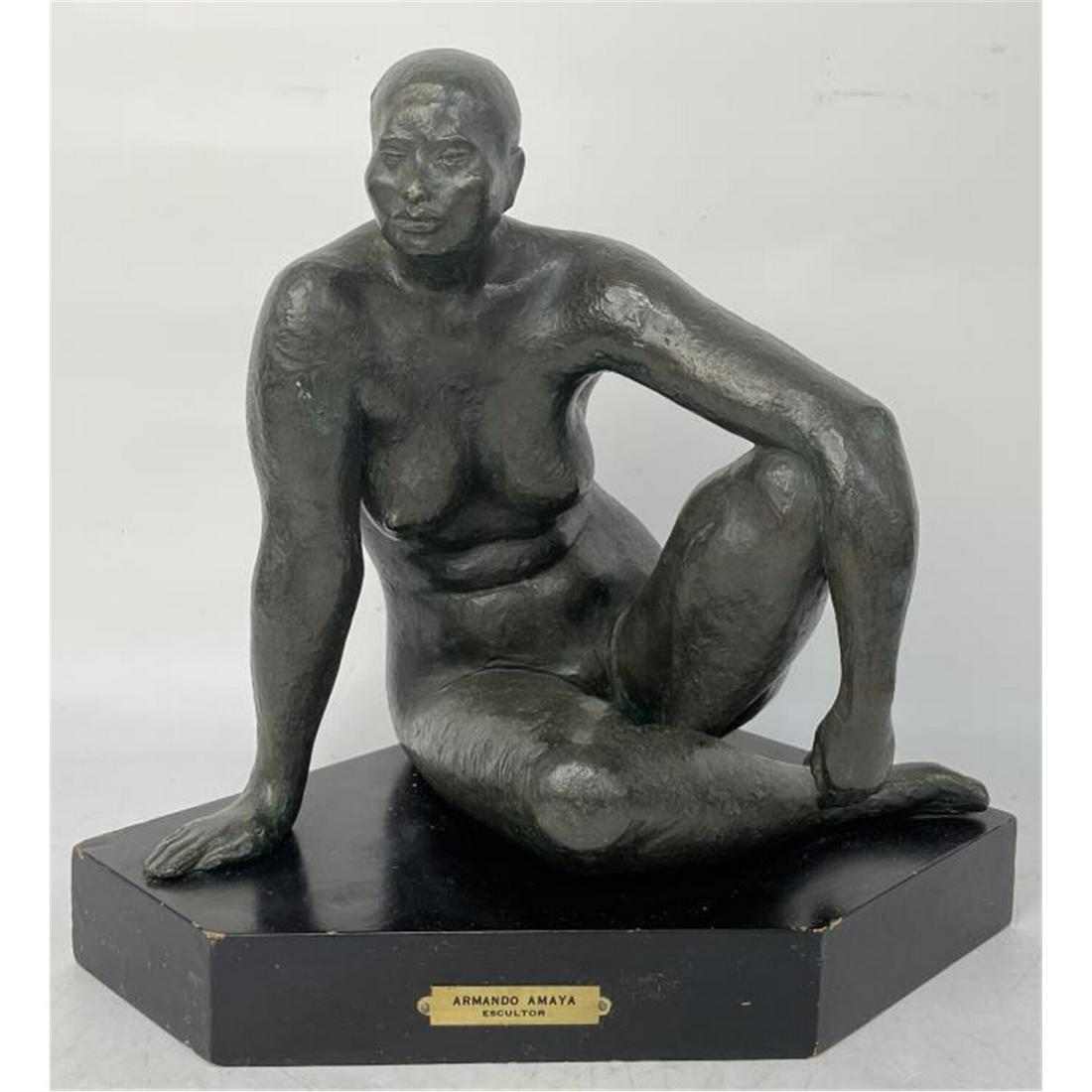 Bronze Figure by Armando Amaya, Mexican b. 1935: Exceptional Bronze "Seated Nude" Figure by Armando Amaya, Mexican (b.1935). Fully Signed & Numbered VI / VII, and Dated '85. On Wood Base. Condition: Excellent. Dimensions: Total L: 12.5" W: 9" x H: 1