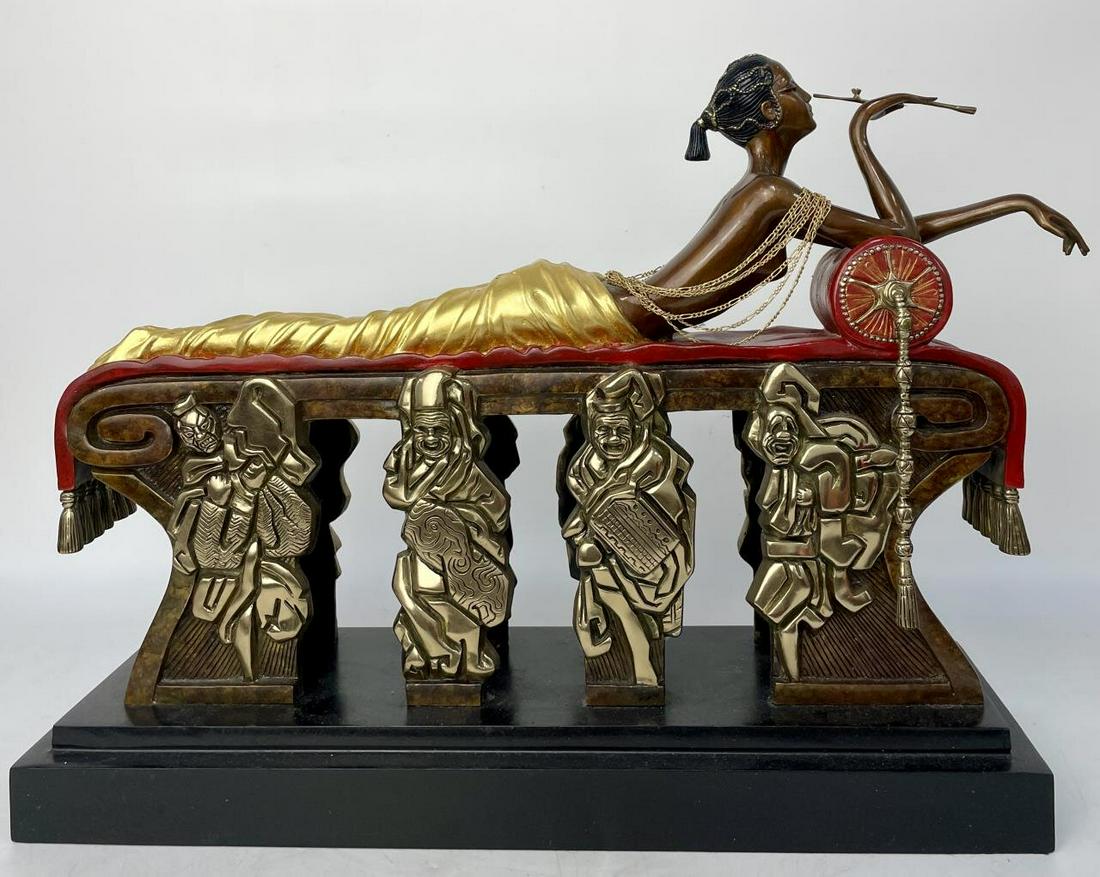 Erte Cast Bronze "Daydreams" Sculpture: Signed "Erte" & Numbered 33/375 Limited Edition, Romain De Tirtoff (1892-1990). Art Deco Cast Bronze Sculpture "Daydreams". Partially Nude Woman Smoking an Opium Pipe, Reclining on a Bench Decorated w
