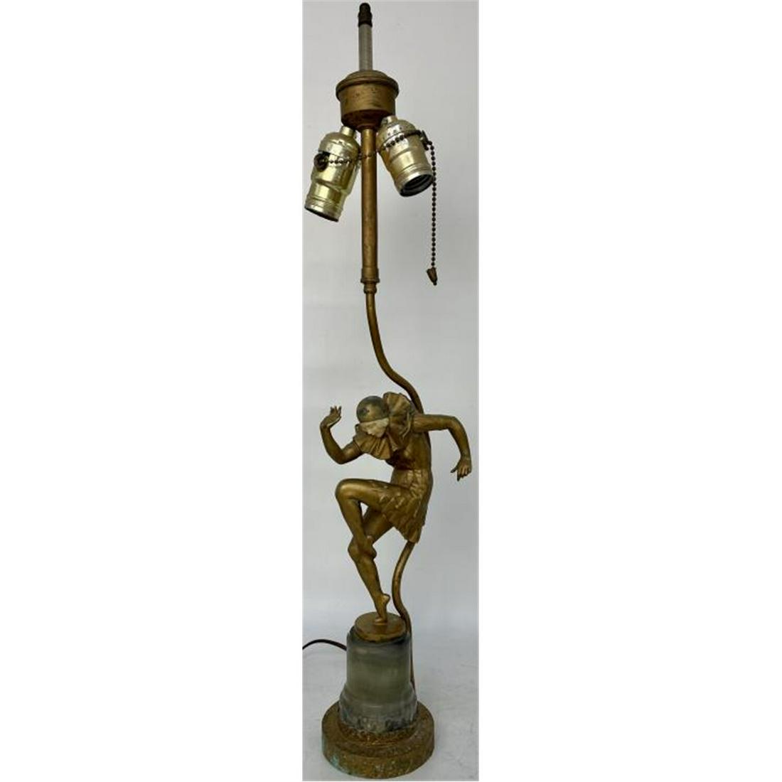 Art Deco Metal Figural Lamp by Theodore Ullmann: Antique Art Deco Metal Figural Lamp by Theodore Ullmann, Austrian Early 20th Century. Fully Signed and with Foundry Mark. Figure Has Bone Face. Mounted on Marble & Metal Base. Condition: Generally Goo